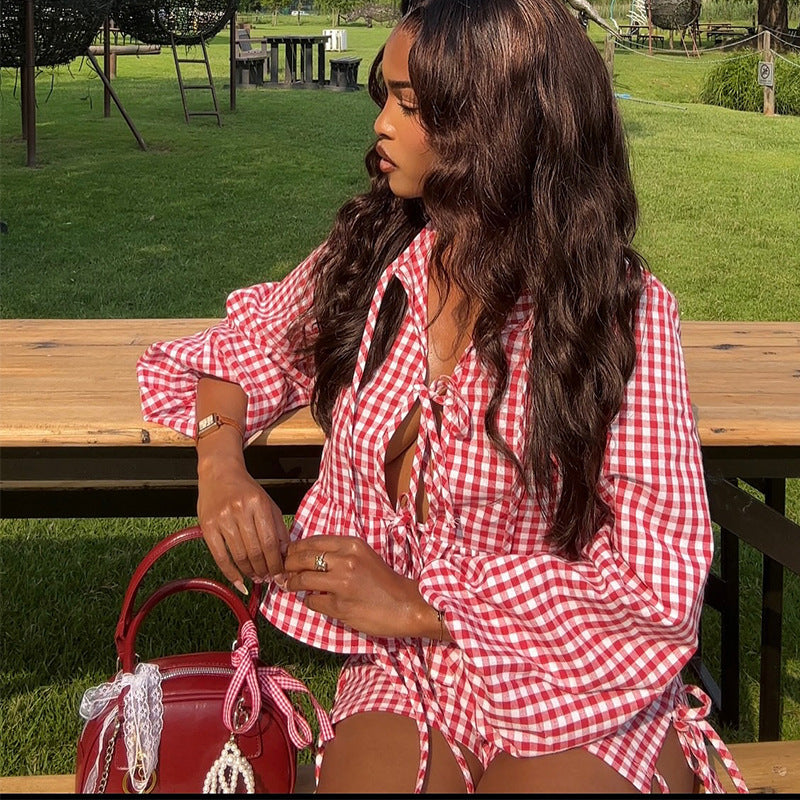 European and american style women's clothing  new sweet and fresh plaid stand collar lantern sleeve short shirt and high-waisted shorts two-piece set