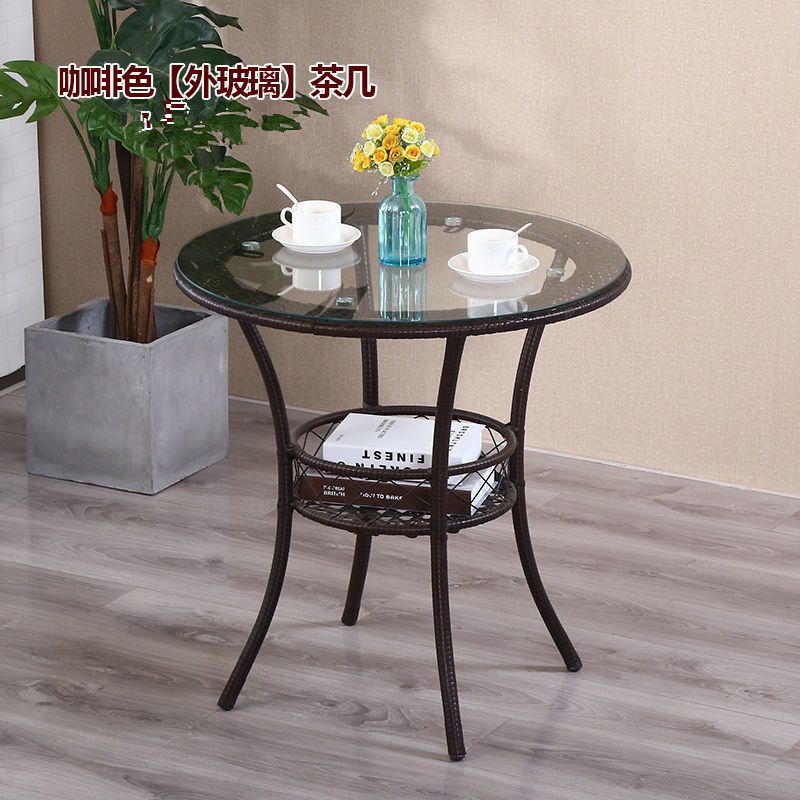 Minimalist balcony leisure storage small round table mini rattan woven tempered glass coffee table round small coffee table set