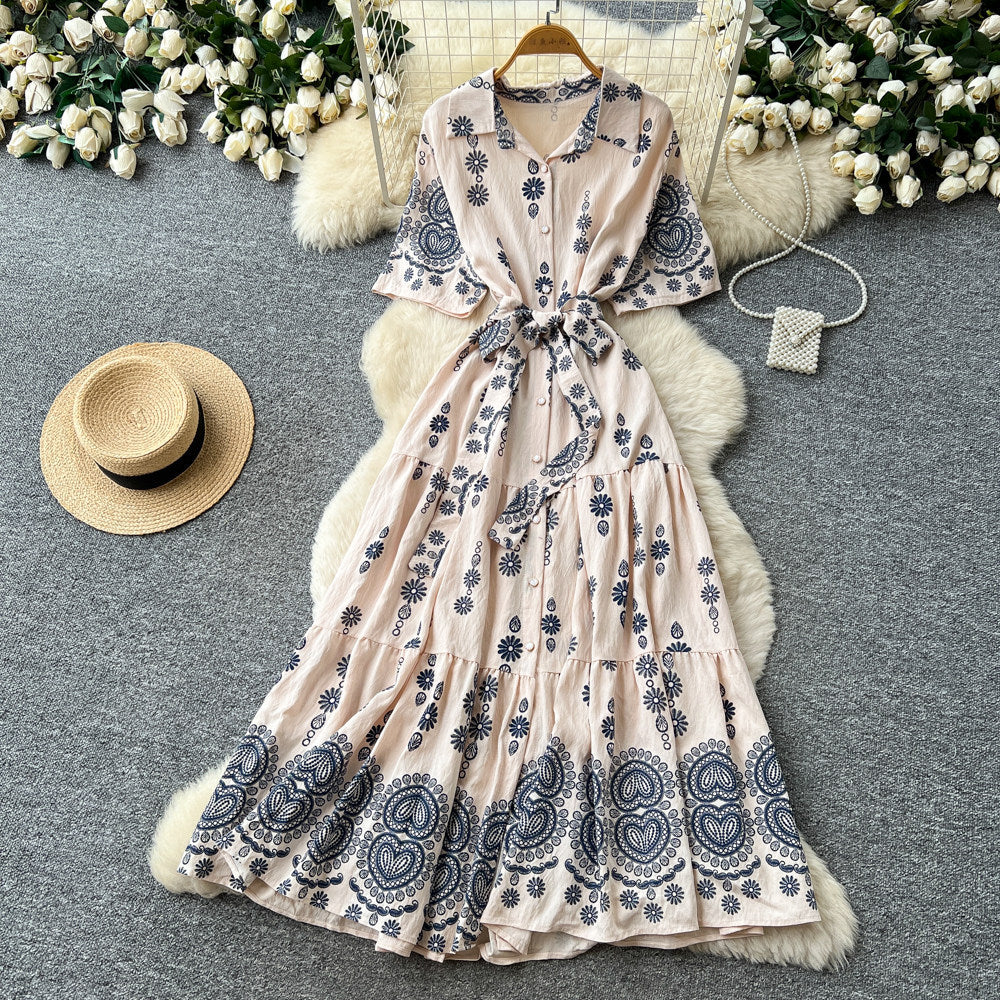 Korean style red printed embroidered dress - women's summer retro high-waisted tie-waist elegant a-line dress - commute outfit
