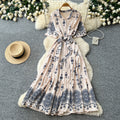 Korean style red printed embroidered dress - women's summer retro high-waisted tie-waist elegant a-line dress - commute outfit