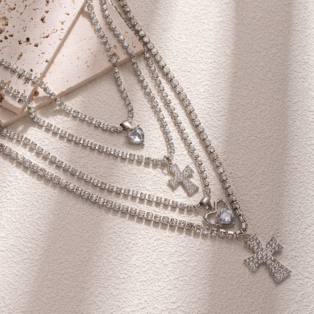Diamond-studded heart cross pendant wholesale - cross-border fashion jewelry, multi-layer necklace, light luxury, premium full diamond clavicle chain