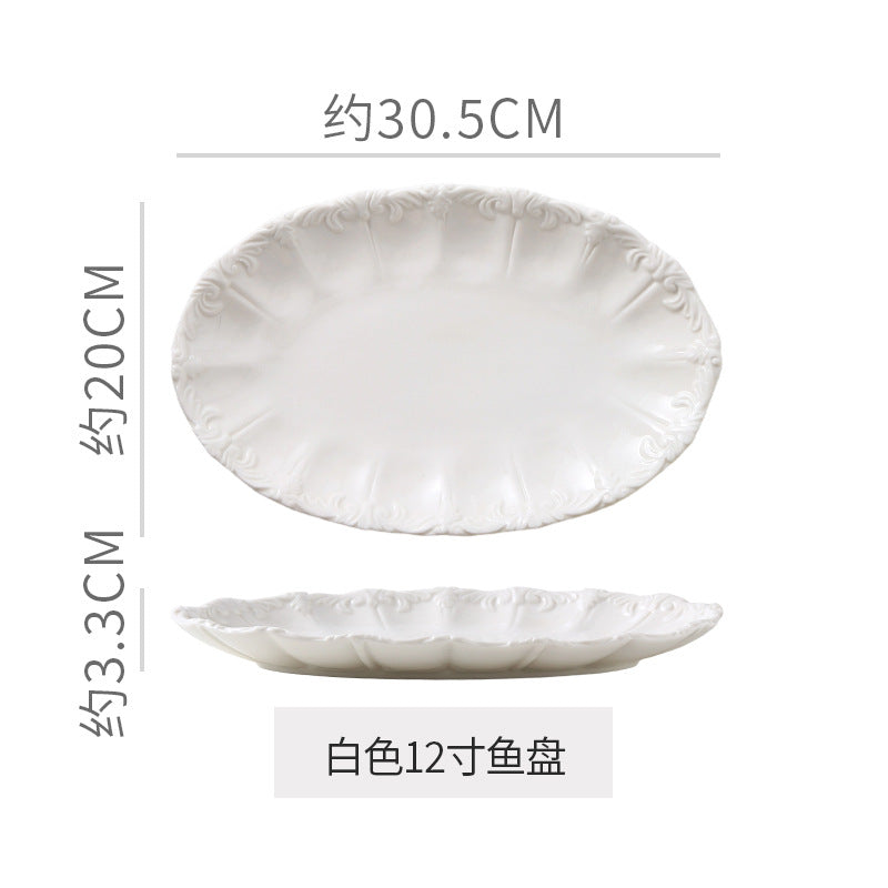 Embossed retro ceramic dinnerware set - french style, high-end steak plates, dessert plates, and salad bowls for home use