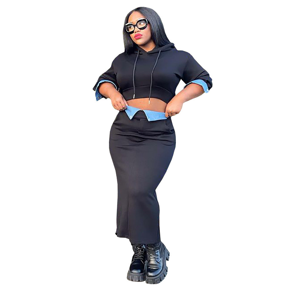 European and american cross-border women's clothing  winter casual hooded long-sleeve sweatshirt denim patchwork slit midi skirt set