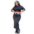 European and american cross-border women's clothing  winter casual hooded long-sleeve sweatshirt denim patchwork slit midi skirt set
