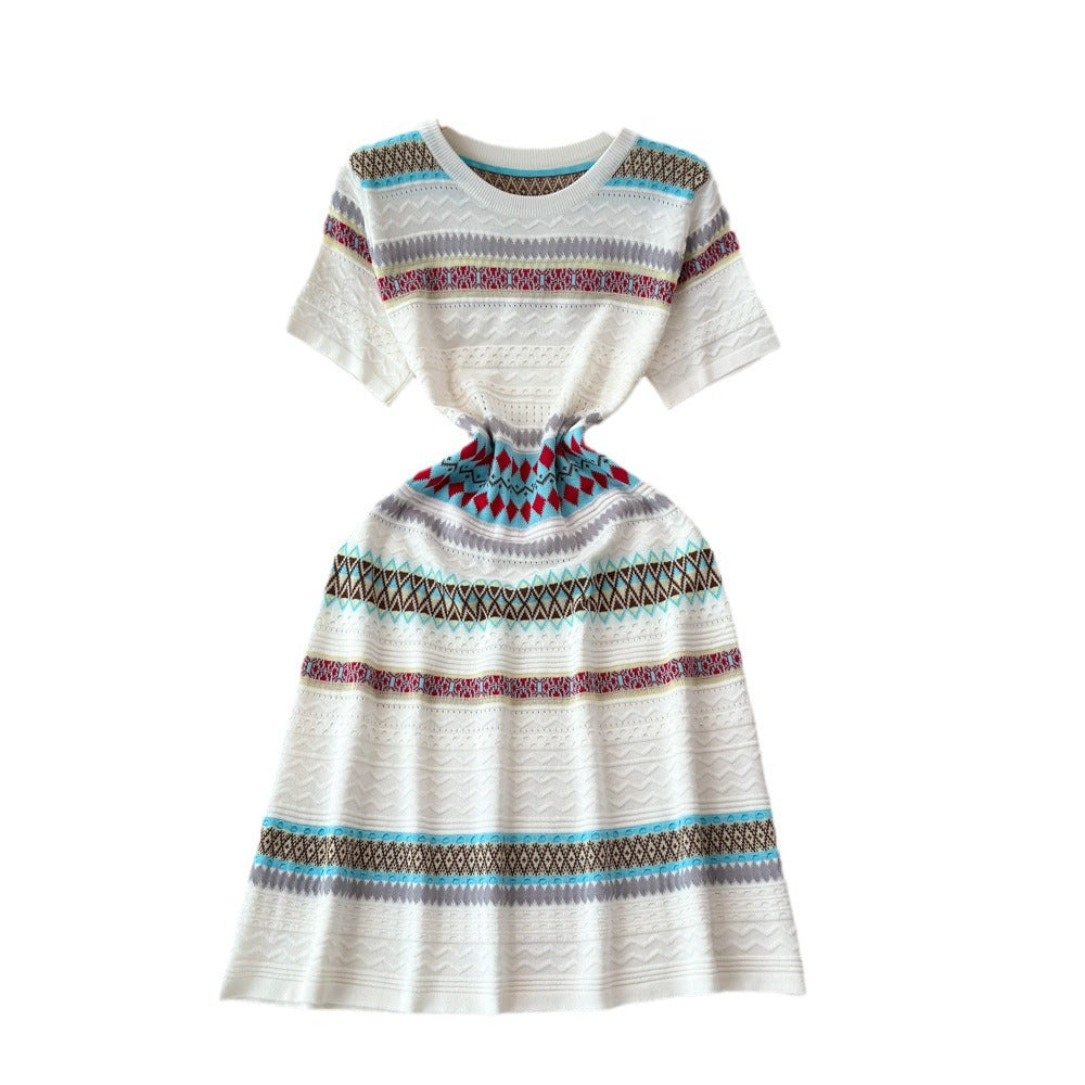 Small fresh stripesdress female summer french style retrosense of design age reduction sweet ethnic style knitting skirt