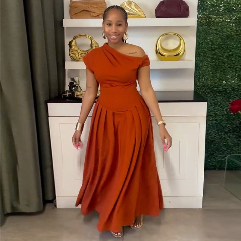 European and american women's clothing  autumn new collection: sweet and fresh one-shoulder high-waisted slimming a-line maxi dress