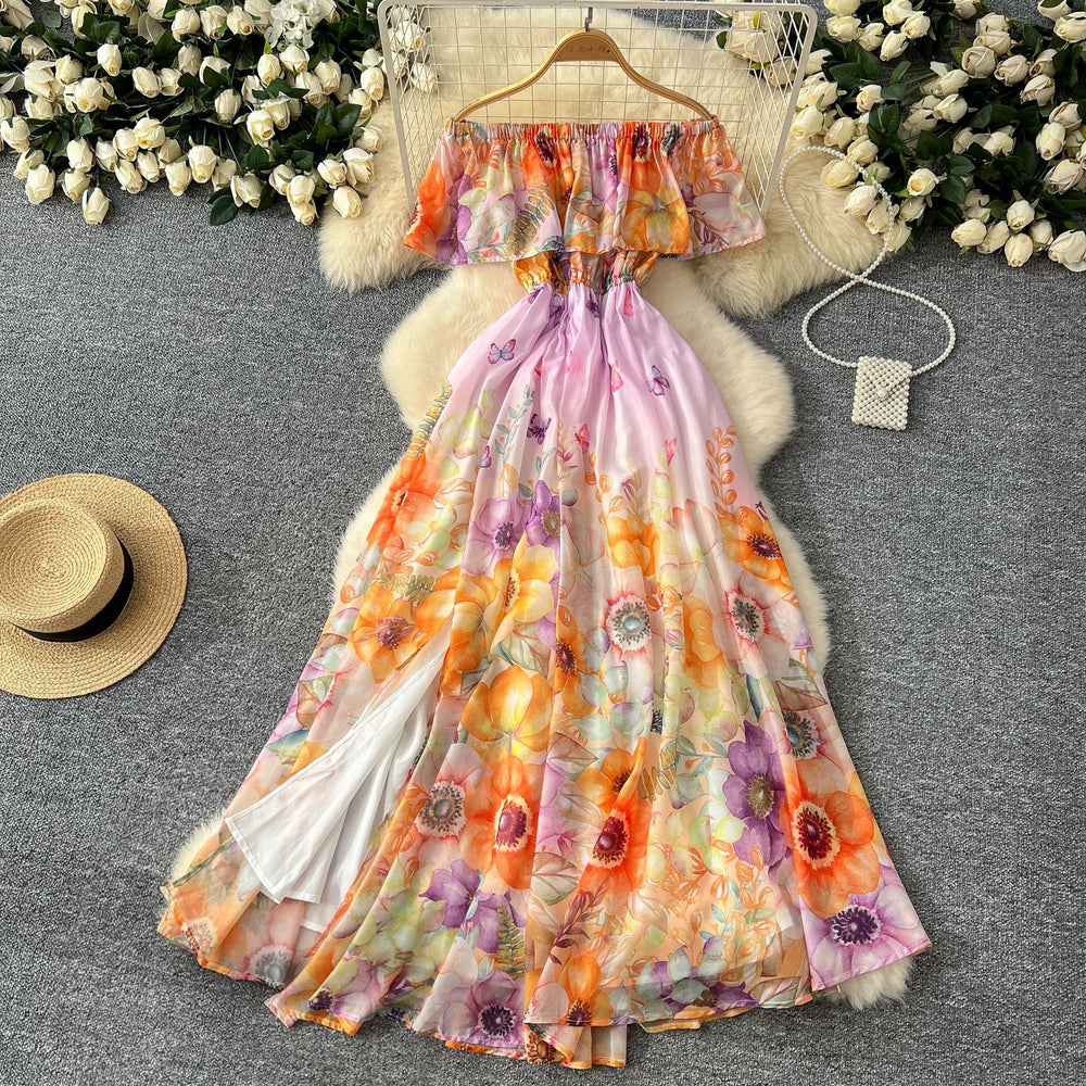 European and american sexy vacation style off-the-shoulder ruffle trim patchwork waist-tie elegant long maxi printed chiffon dress