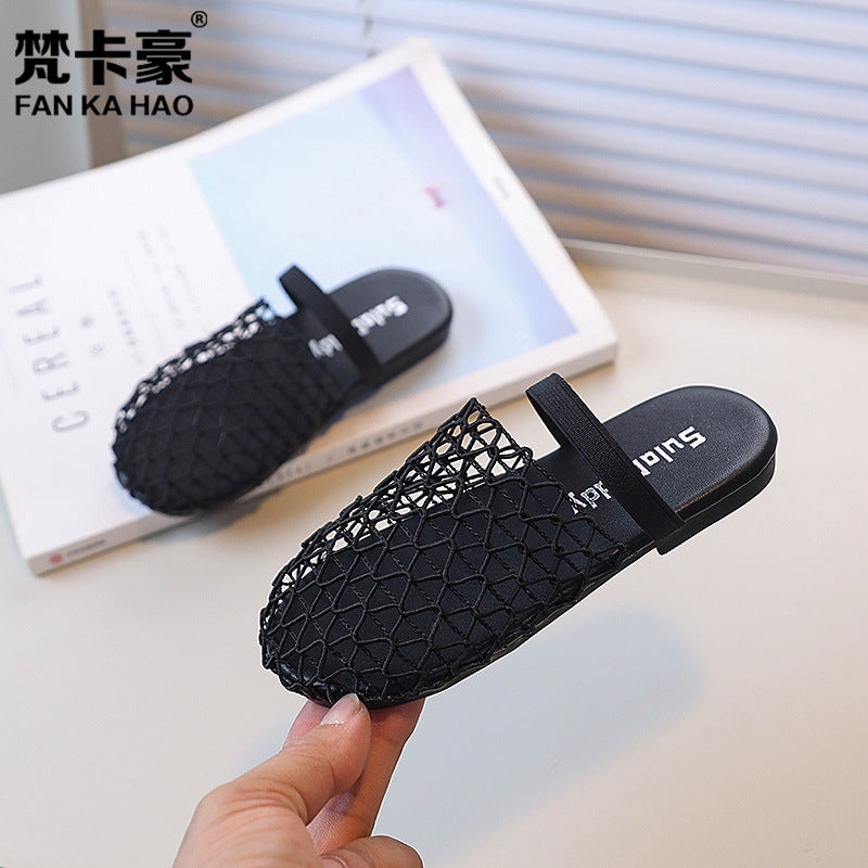 European and american niche fishnet knit cutout closed-toe mules -  summer new girls' flat outdoor sandals