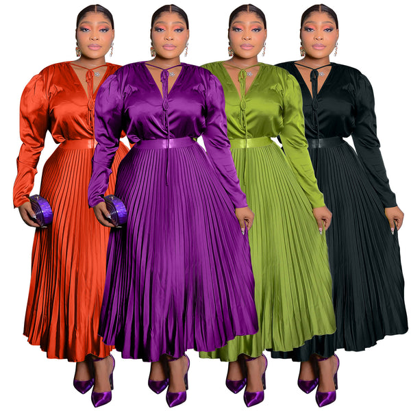 N8115   2025 autumn new European and American women's clothing solid color lace-up temperament pleated long-sleeved skirt set