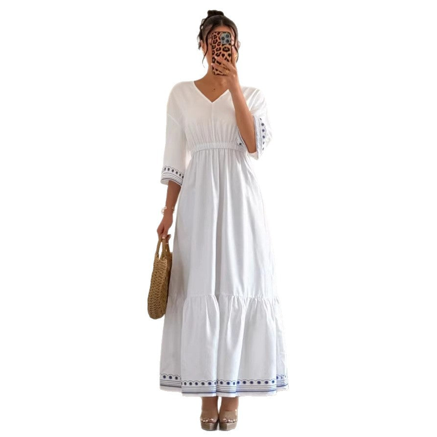 new cross-border v-neck lace trimmed waist elegant ruffle hem dress