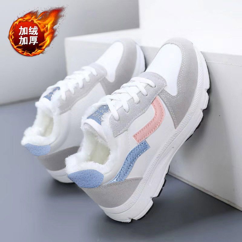 Women's leather sneakers - winter fleece-lined cotton shoes, new versatile casual flats, non-slip waterproof leather running shoes