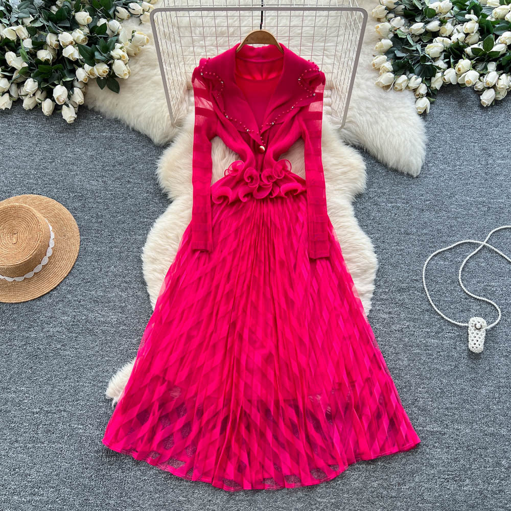 European and american fashion high-end elegant heavy beaded suit collar long sleeve cinched waist ruffle trim mesh panel dress for women