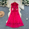 European and american fashion high-end elegant heavy beaded suit collar long sleeve cinched waist ruffle trim mesh panel dress for women