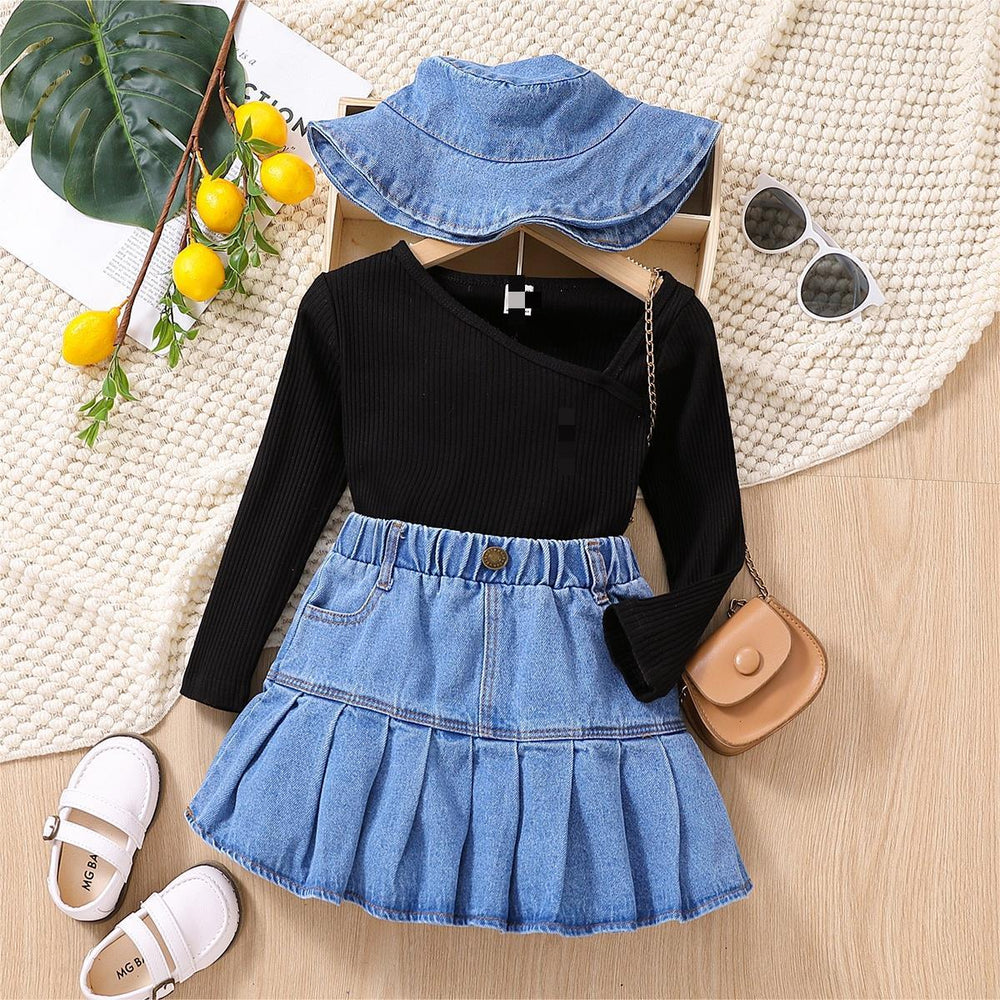 european and american cross-border girls' ribbed v-neck top + denim skirt + hat 3-piece set