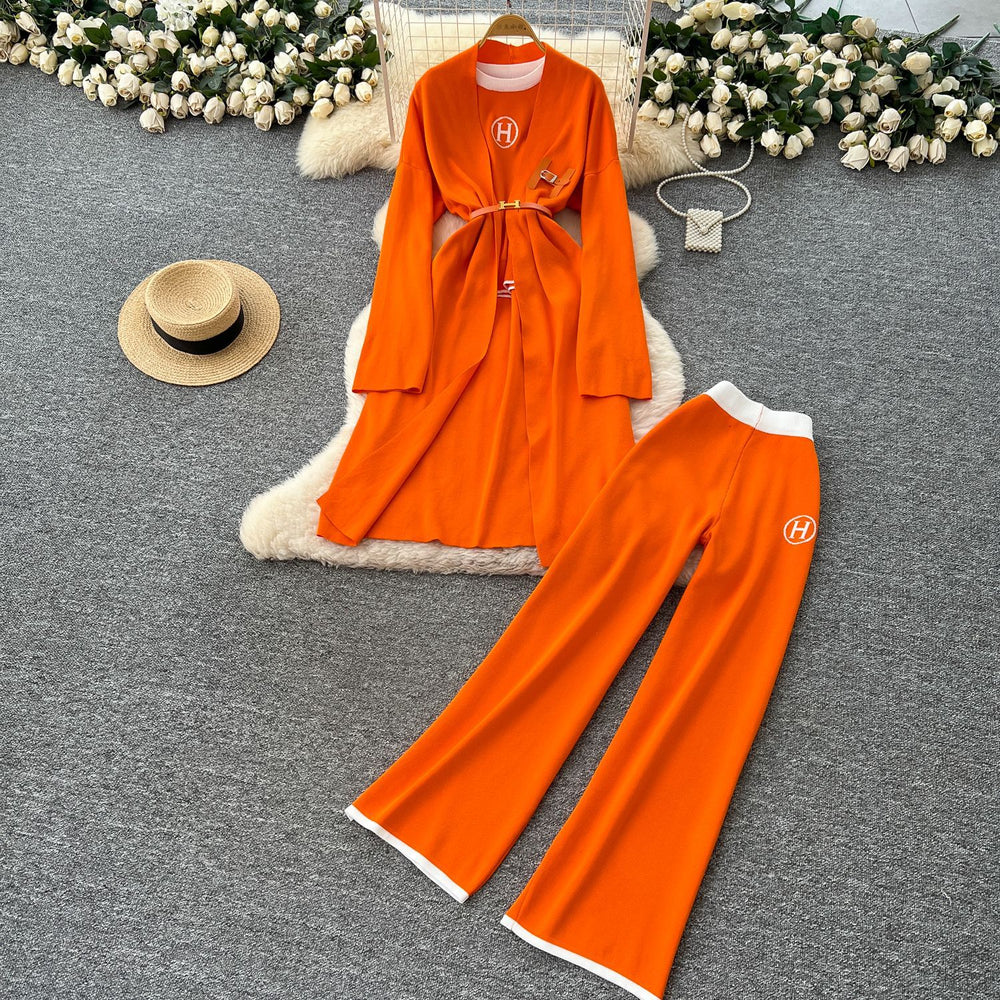 European and american fashion color block crew neck short sleeve knit top + cinched waist longline outerwear jacket + high-waisted pants three-piece set