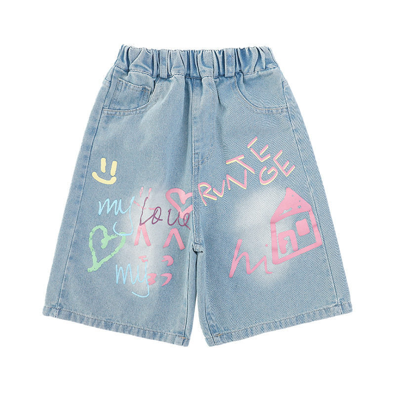 Girl denim shortssummer thin style  summer new style kidshalf length pantschildren's wide leg pants medium pants trendy