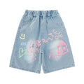 Girl denim shortssummer thin style  summer new style kidshalf length pantschildren's wide leg pants medium pants trendy