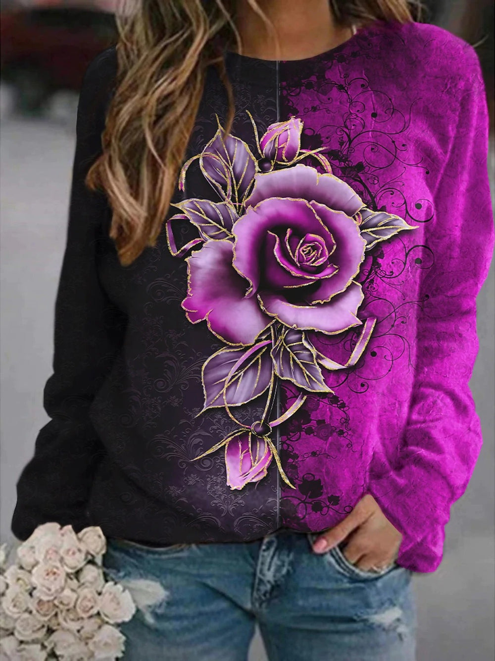 2026 amazon wish european and american cross-border round neck long sleeve floral print color block sweatshirt top - women's in-stock