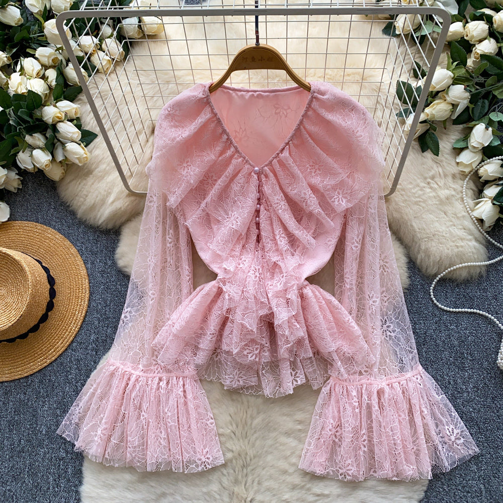 French romantic lace ruffle v-neck flared sleeve top - chic and slimming, autumn  collection
