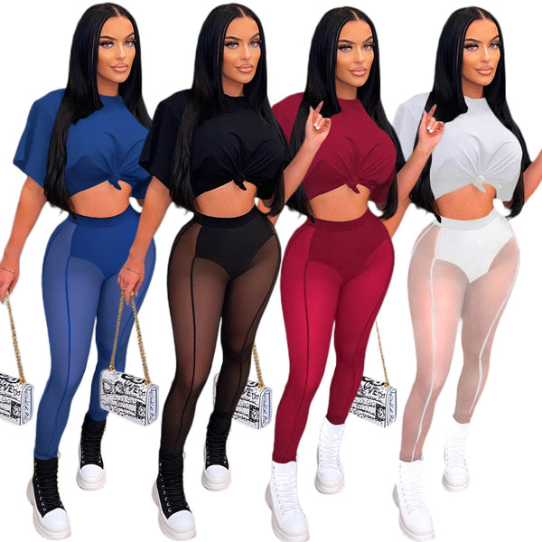 S390279 Cross-border  eBay Women's Sexy Perspective Splicing Short Sleeve T-Shirt Mesh Pencil Pants Suit Women