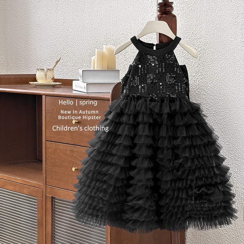 Girls' dress  summer high-end bowknot open-back tiered cake dress birthday gown