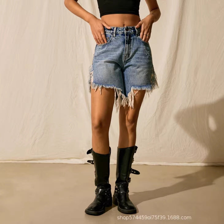 Amazon tiktok pinduoduo export cross-border fashion irregular raw edge denim shorts women's high waist slimming look