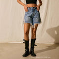 Amazon tiktok pinduoduo export cross-border fashion irregular raw edge denim shorts women's high waist slimming look