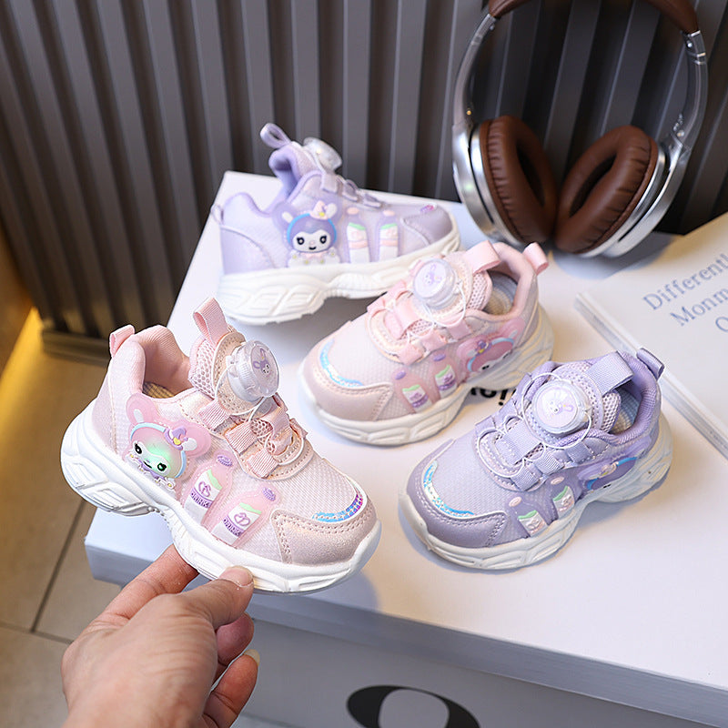 Girls' spring new collection: kids' chunky sneakers with swivel buckle, cartoon design, light-up detail, soft sole, and breathable running shoes