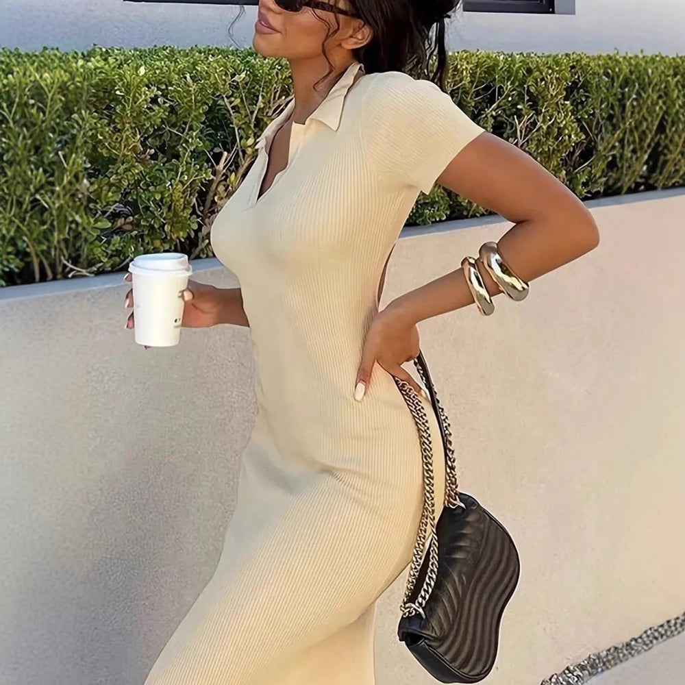 Amazon fashion solid color short sleeve v-neck bodycon midi dress - elegant commute style