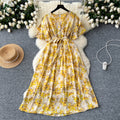 Gentle style female niche styleretro tea break v neck bell sleeves tie back waist slimming look a-line large swing floral dress for women