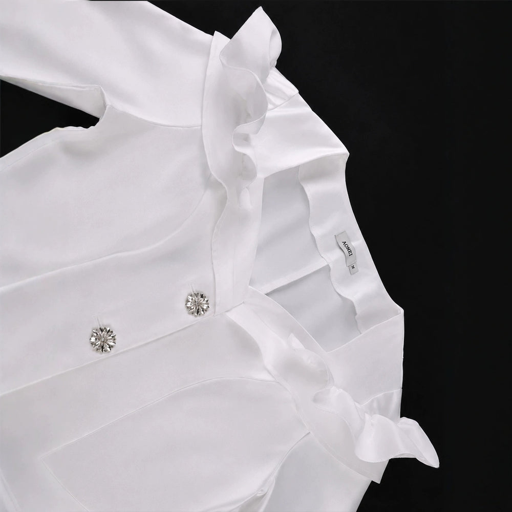 New autumn elegant commute satin skirt set - ruffle trim solid color slim fit beaded button top with bodycon dress