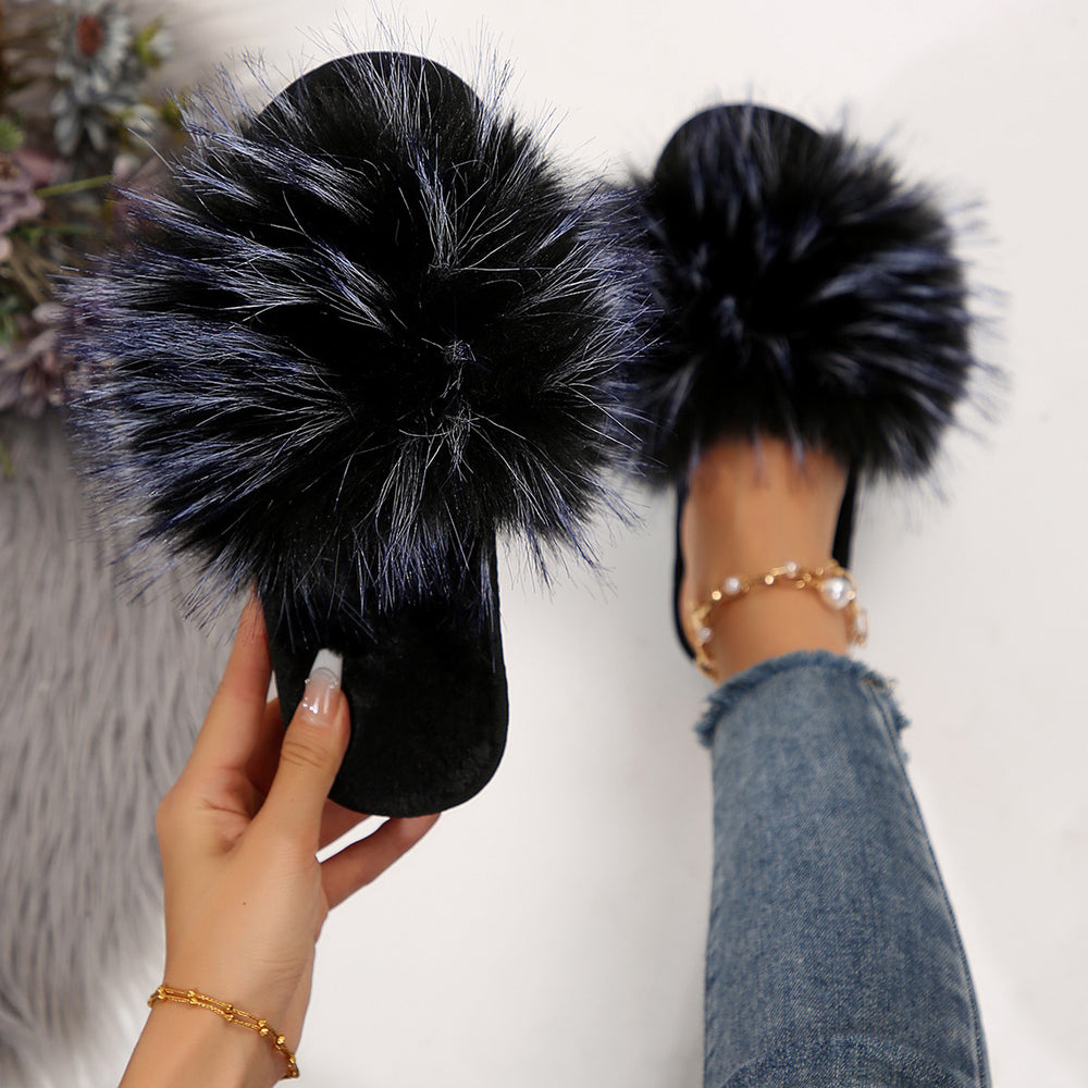 Faux fox fur slippers - stylish furry slippers for women, perfect for indoor and outdoor wear, non-slip, wholesale ladies' sandals