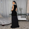 C7409 cross-border   fashion women's patchwork pleated elegant slim-fit beaded dress