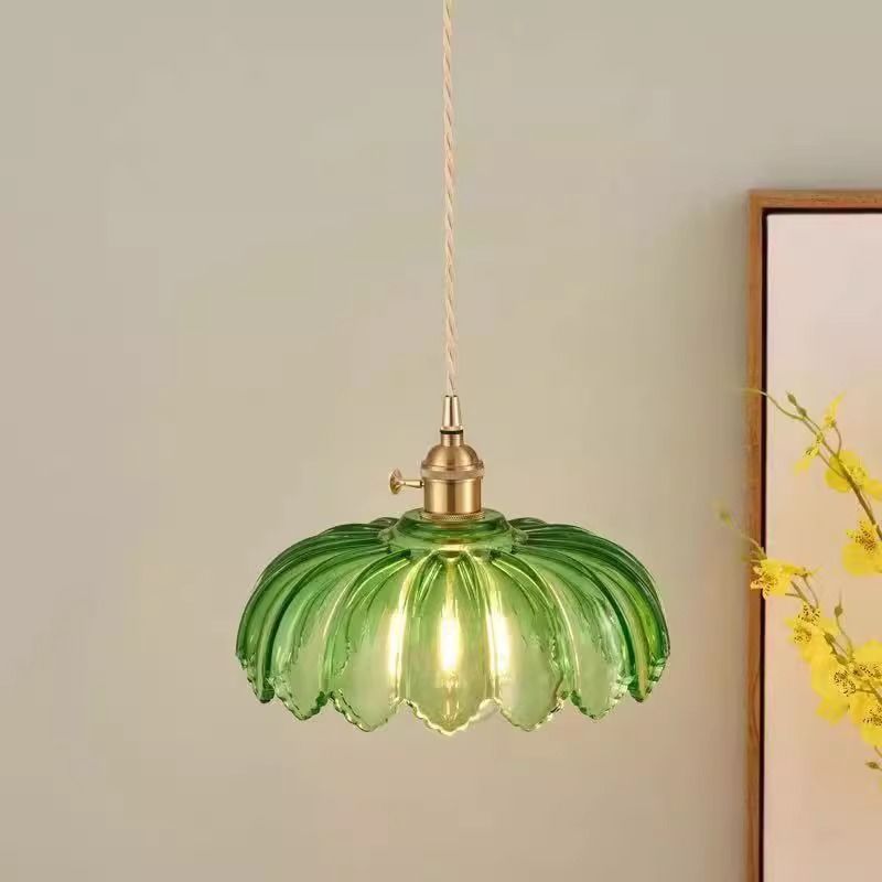 Green glass pendant light - vintage, nostalgic, rustic art style - old shanghai/mao era brass lamp holder - restaurant/cafe ceiling fixture