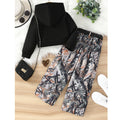 girls' two-piece hoodie set: black hooded sweatshirt & camo cargo pants - stylish & sporty autumn outfit for kids
