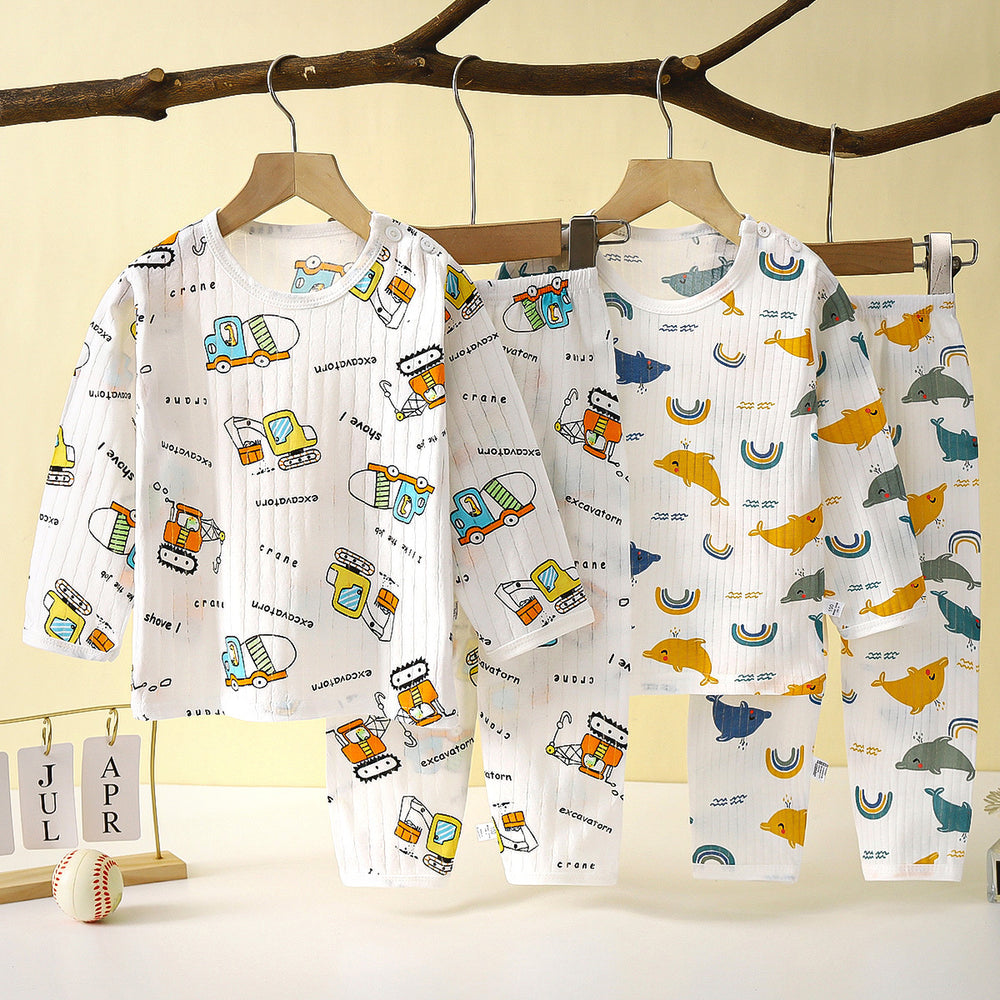 new children's pure cotton pajama set - summer long sleeve sleepwear, lightweight air conditioning suit for boys and girls