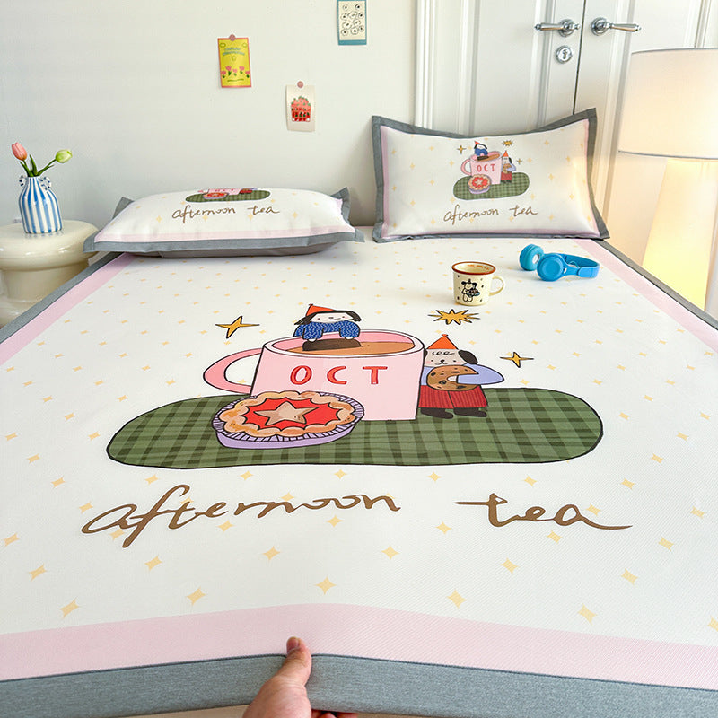 Summer cute ice silk mat three-piece set 1.8 meters single dormitory 0.9 cool silk carbon light foldable soft mat