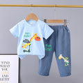 Kids' summer casual outfit: cartoon giraffe print t-shirt + denim shorts two-piece set - wholesale