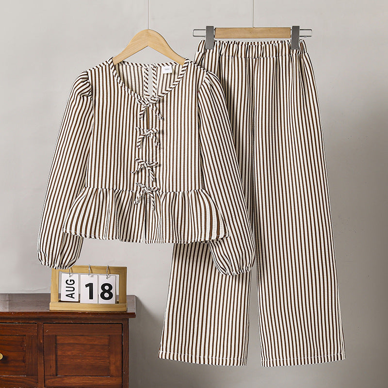 European and american cross-border girls' spring  collection: independent website &  new arrival - tie-up bow long sleeve top and pants set