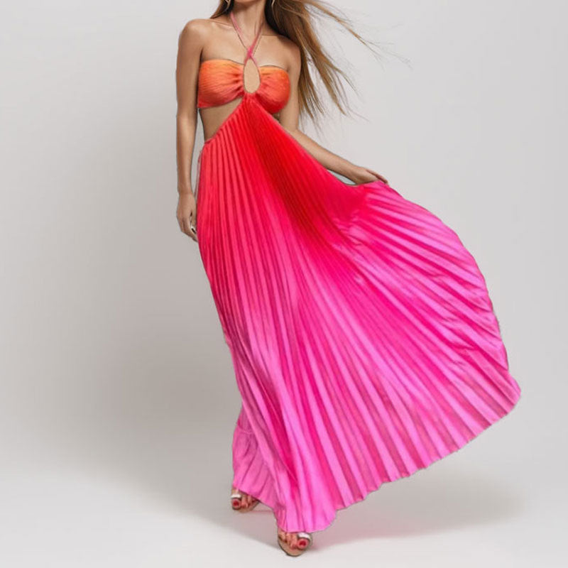cross-border european and american women's clothing: women's summer maxi dress - gradient color halter neck pleated fashion vacation dress