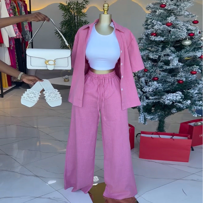 European and american cross-border women's fashion  spring new collection: solid color casual short-sleeve shirt top and tie-waist wide-leg pants set