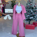European and american cross-border women's fashion  spring new collection: solid color casual short-sleeve shirt top and tie-waist wide-leg pants set