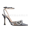 Transparent bow rhinestone high heel sandals pointed toe closed toe stiletto heels fashion european and american cross-border style