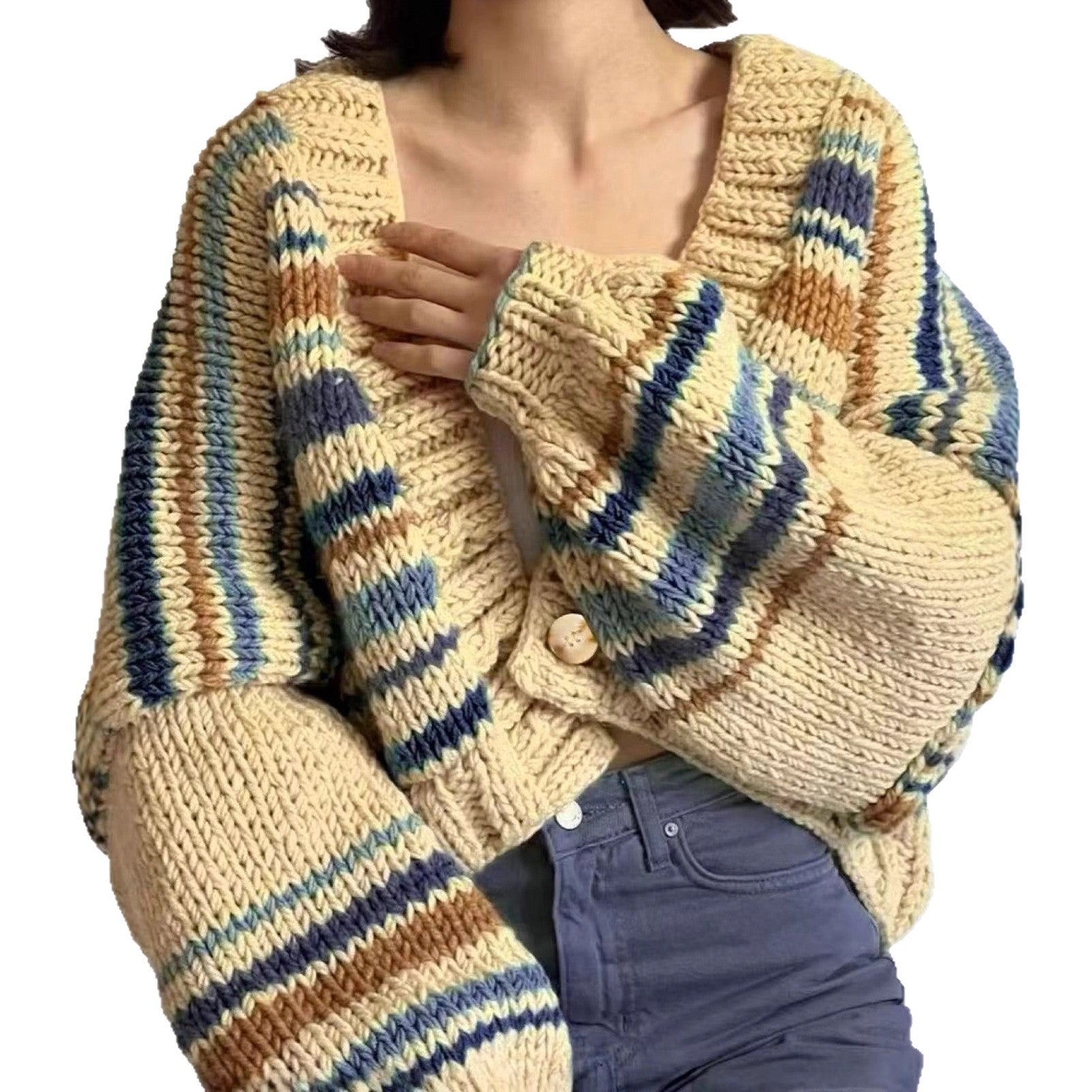 Cross-border Europe, America and early autumn 2025 new women's clothing lazy wind v-neck contrasting color loose knitted cardigan sweater jacket
