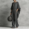 cross-border european & american women's clothing: new retro solid color elegant long sleeve off-shoulder batwing sleeve loose jumpsuit