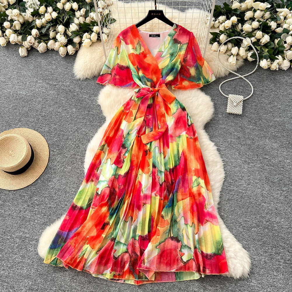 summer new arrival: women's high-end tie-waist v-neck flared sleeve slimming printed chiffon dress