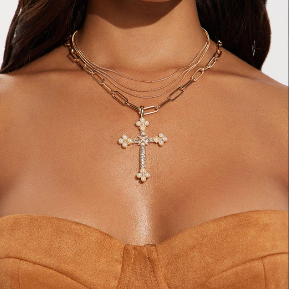 Sweater necklace for women wholesale european and american cross-border autumn and winter jewelry personalized punk diamond multi-layered cross pendant