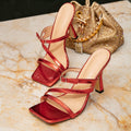 Women's red high-heeled sandals - fashionable party slip-ons, square toe, comfortable and minimalist high heels for women