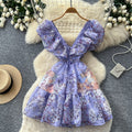 K-style floral sleeveless waistless dress women's summerrufflesv neckhigh waist a-line skirt work clothing pink skirt
