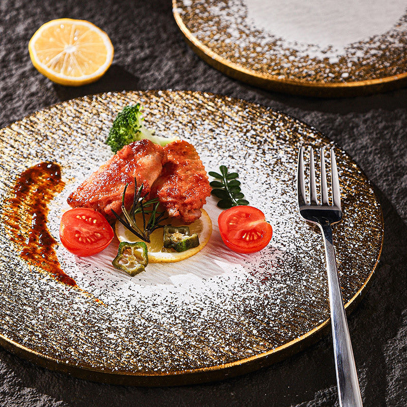 Minimalist gold matte western dinner plate - hotel & restaurant steak serving dish - stone texture square/round ceramic flat plate